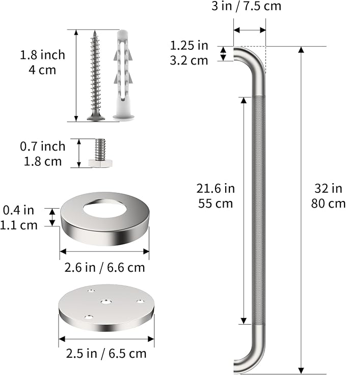 2 Pack Shower Grab Bar 32 Inch, ZUXET Brushed Nickel Handicap Grab Bar w/Knurled Grip, 304 Stainless Steel Bathroom Handrail for Toilet, Shower, Bathtub, Wall Mounted Anti-Slip Support Bar for Seniors