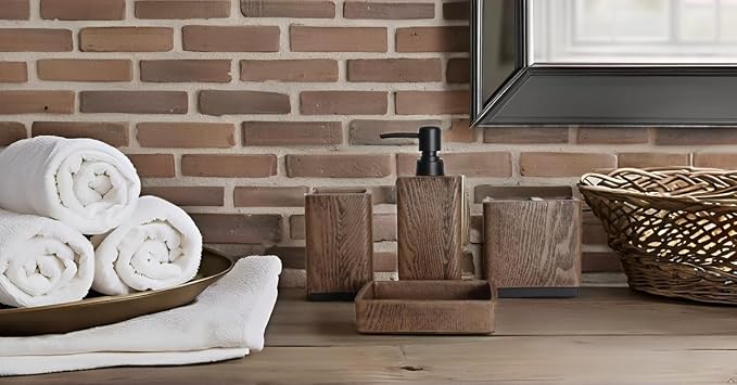 Hymmah Bathroom Accessories Set,Toothbrush Holder Set,4 Pcs Apartment Necessities (Wood Brown)