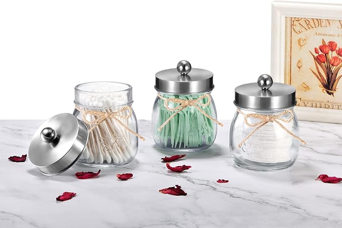 SheeChung 4 Pack Apothecary Jars with Lids, Bathroom Organizers and Storage, Qtip Holders Set, Bathroom Decor, Small Mason Jars for Q-tips, Cottons, Floss, Balls, Cotton Swabs-Brushed Nickel