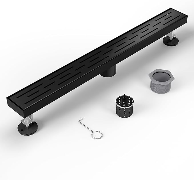 Shower Drain Stainless Steel for Bathroom: Black Linear Shower Drain 28 Inch with Removable Brick Pattern Grate - Adjustable Rectangular Shower Floor Drain with Hair Strainer (Matte Black)