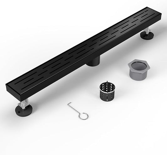 Shower Drain Stainless Steel for Bathroom: Black Linear Shower Drain 28 Inch with Removable Brick Pattern Grate - Adjustable Rectangular Shower Floor Drain with Hair Strainer (Matte Black)