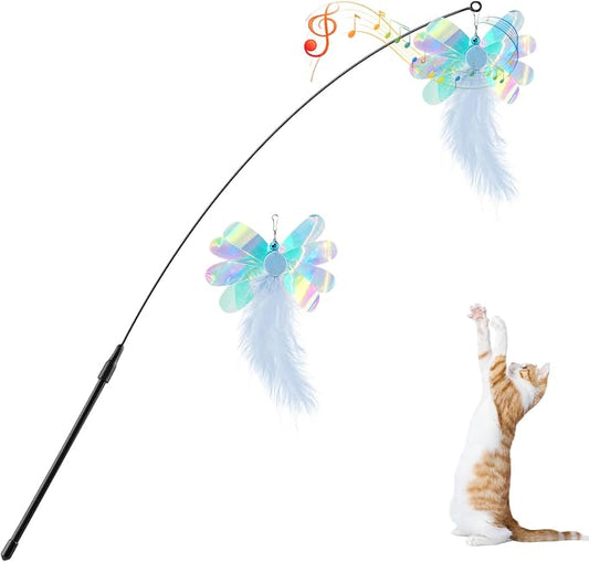 Pawaboo Cat Feather Wand Interactive Toy, 2 Feathers + 1 Wand with Bell | Cat Feather Teaser Toys Flying Catcher Extra Long 34.5" Wand Exerciser Playing Chase Cat Toy Wands for Kitten, Blue Butterfly