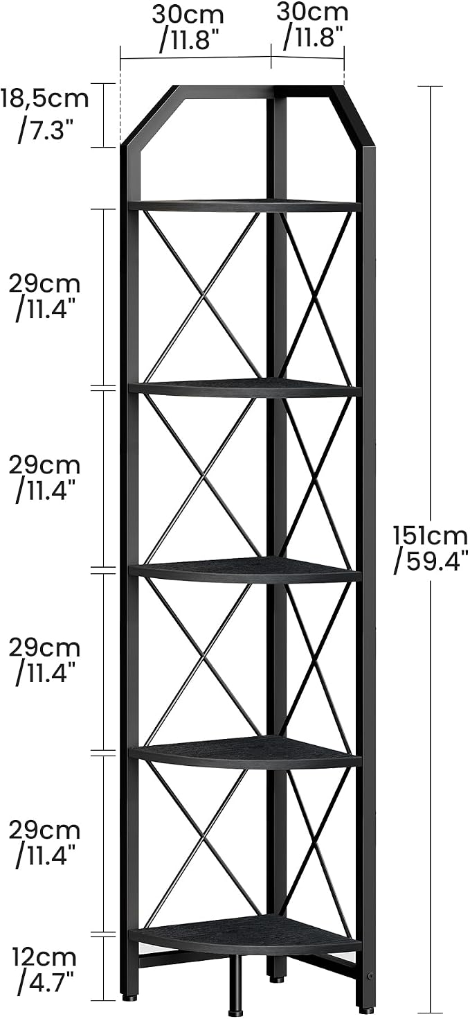 CHOEZON 5-Tier Corner Shelf, Industrial Corner Bookshelf, 59.4" Corner Storage Stand, Plant Stand Display Shelf, Corner Bookcase for Bedroom, Living Room, Home Office, Black TCJ10BB