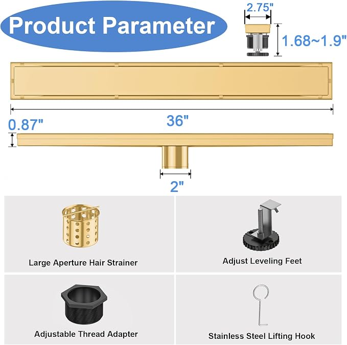 36-Inch Linear Shower Drain with Tile Insert Grate, SUS 304 Stainless Steel Linear Drain, Brushed Gold Long Rectangle Shower Floor Drain with Leveling Feet, Hair Strainer, Fits Bathroom
