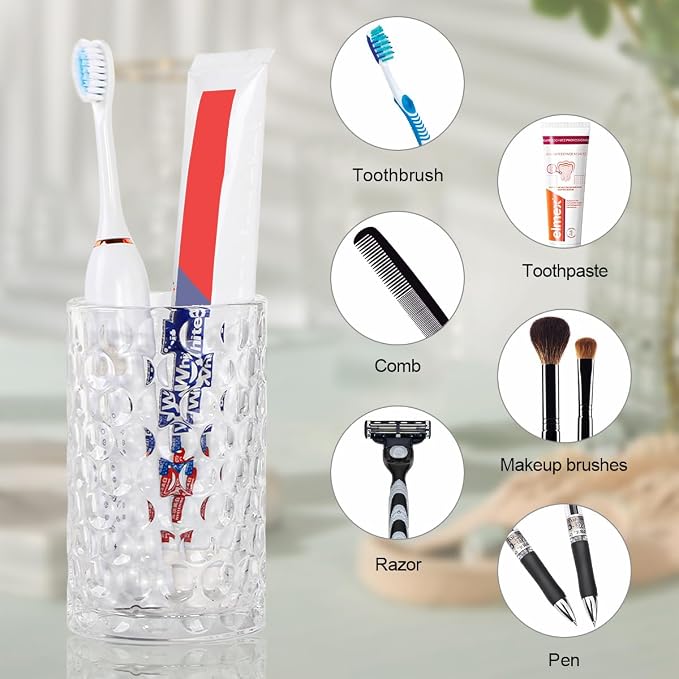 Bathroom Toothbrush Holder Set, 11oz Clear Glass Toothbrush Holder and Bathroom Tumbler Cup Set, Decorative Countertop Storage Cups Organizer for Toothpaste, Brushes