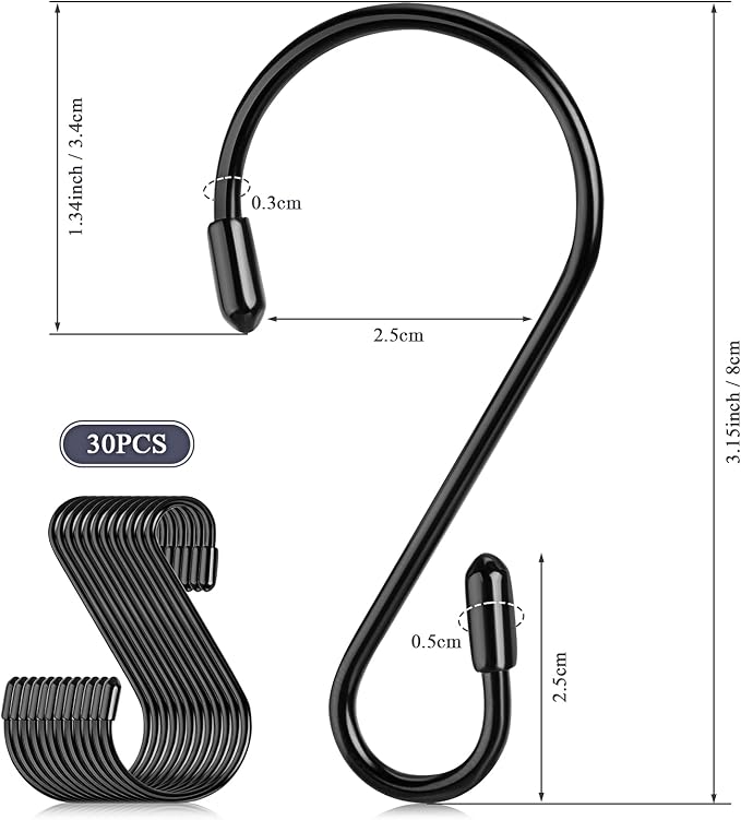 Hotop 36 Pcs S Hooks for Hanging 3.15 Inch Heavy Duty S Shaped Stainless Steel Hook Metal Hanging Curtain Hooks Pan Pot Holder Rack for Pot, Pan, Cups, Plants, Bags, Jeans, Towels(Black)