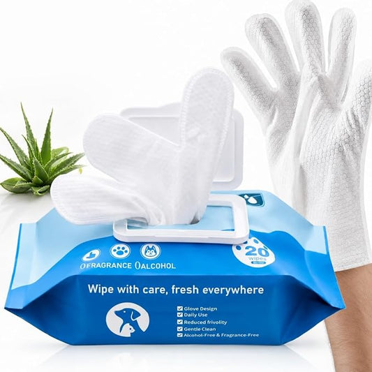 Pet Grooming Glove Wipes 20PC Unscented Hypoallergenic | Extra Thick Bathing Gloves with Aloe & Glycerin for Dogs & Cats Rinse-Free Deodorizing Wipes for Portable Travel Daily Care