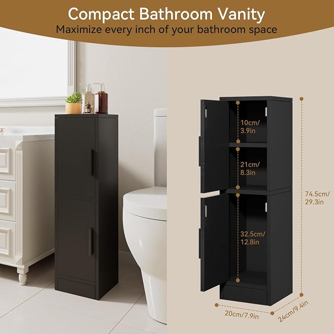 IBUYKE Small Bathroom Storage Cabinet, Narrow Floor Corner Cabinet with 2 Doors & Adjustable Shelf, Small Bathroom Organizer, Space-Saving Storage Solution for Toilet, Laundry Room UWBS002B