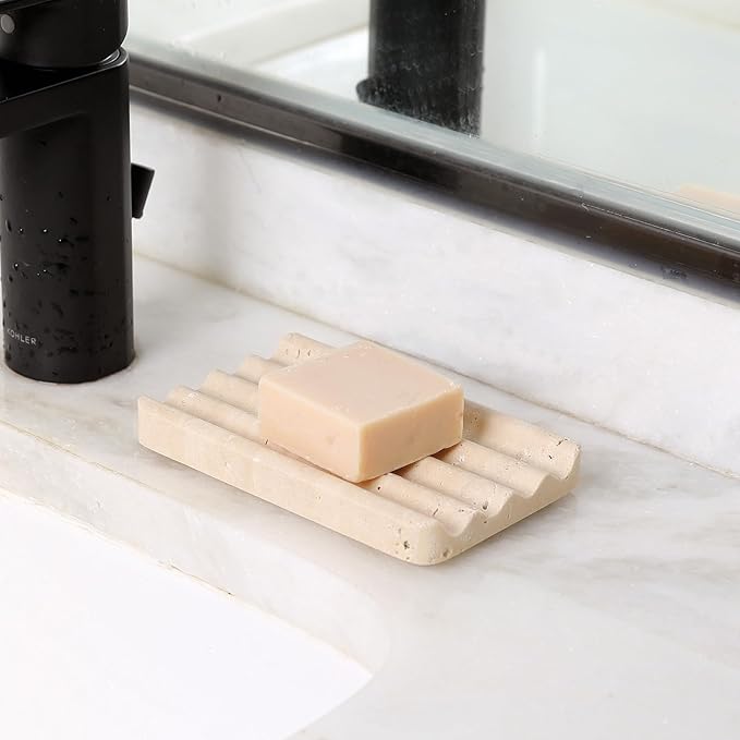 Karibiber Marble Soap Dish, Beige Travertine Bar Soap Holder Shower, Large Bathroom Soaps Saver, Easy Cleaning Natural Stone Sponge Holder for Kitchen Sink, Executive Jewelry Ring Tray