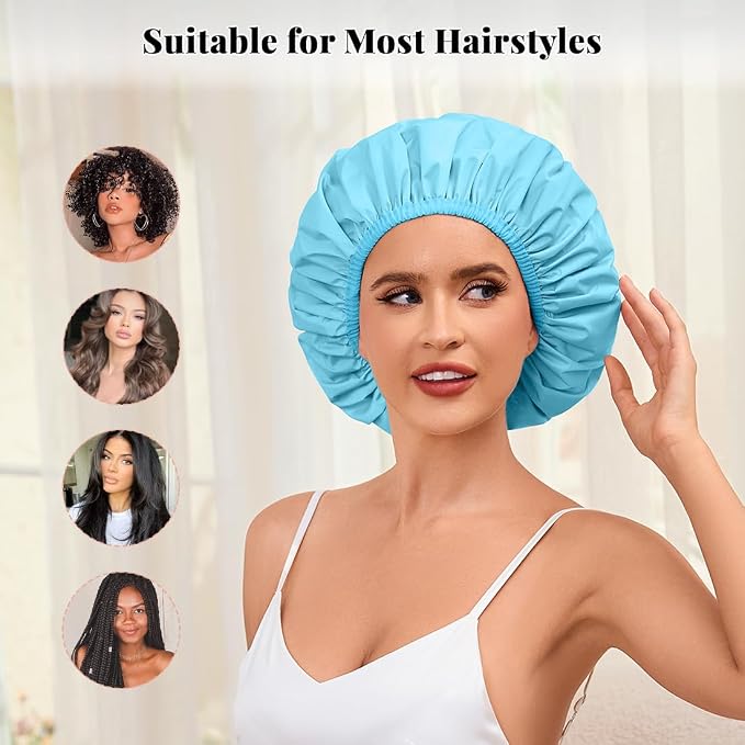 3 Pack Waterproof Shower Cap for Women, Reusable Bath Cap for Long Hair, Comfortable Hair Cap for Shower and Home Use