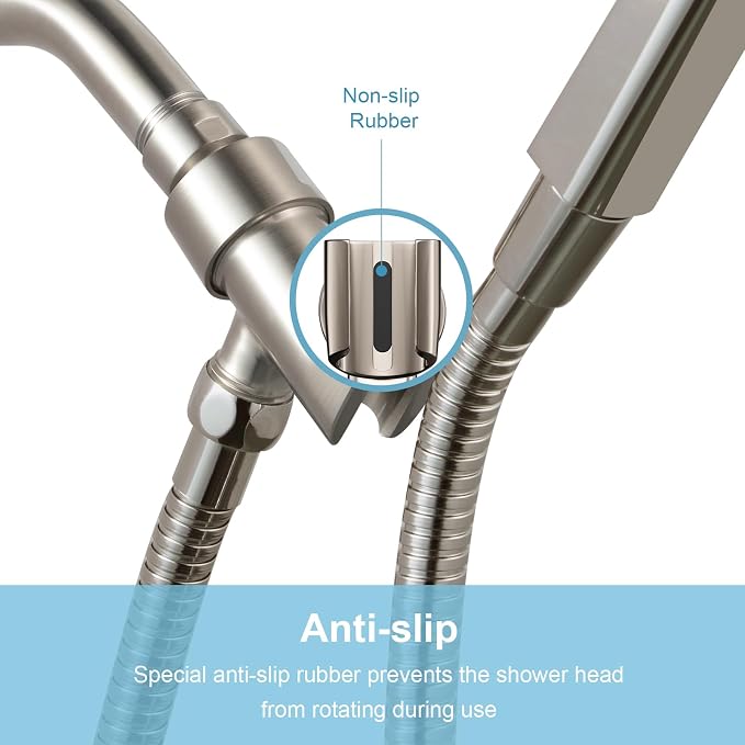 OFFO Shower Head Holder All Metal for Handheld Shower Head, Brushed Nickel Adjustable Shower Arm Mount with Solid Brass Pivot Ball, 1/2 in IPS Female Inlet and Male Outlet