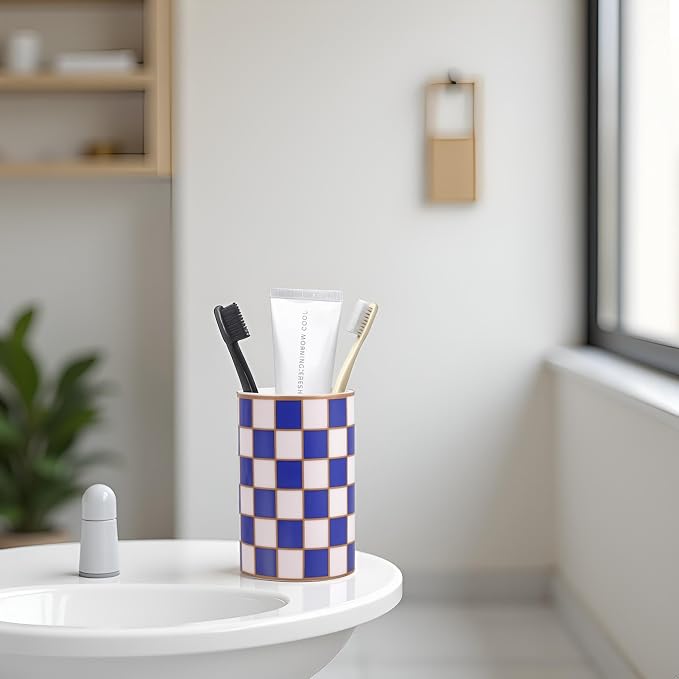 Checkered Bathroom Toothbrush Holder, Bathroom Black and White Ceramic Toothbrush Holder, Modern Toothbrush Box, Used for Bathroom countertop Storage Rack, Checkered Bathroom Decoration (Blue)