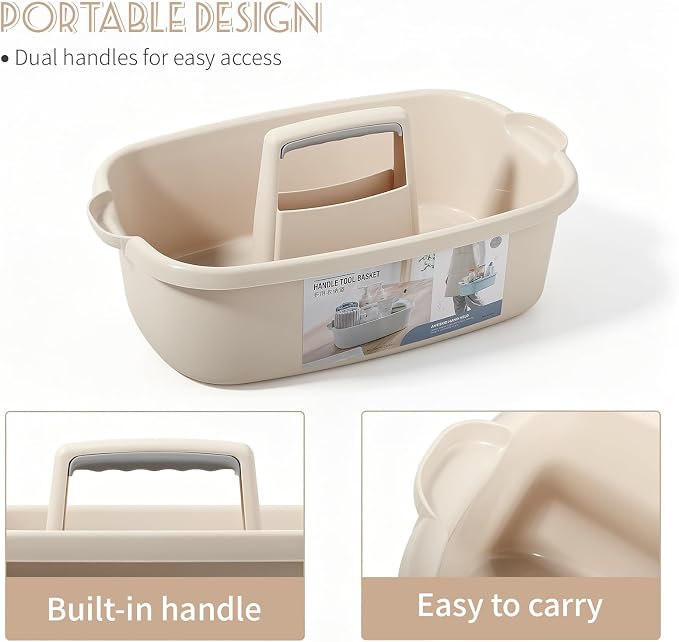 Large Cleaning Supplies Caddy Portable Shower Basket Supply Organizer with Handle Plastic Bucket Tool Storage for Bathroom, Bedroom, Kitchen, College Dorm, Garden, Beige