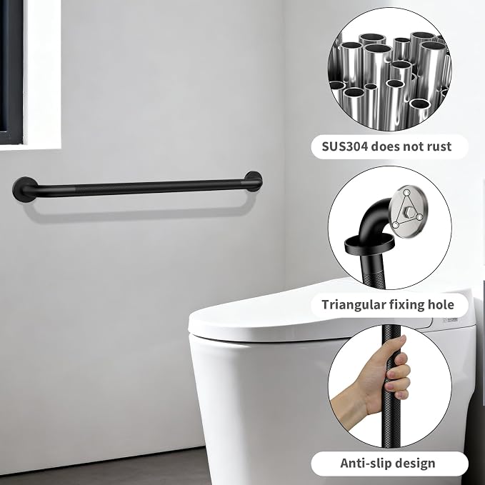 32 Inch Anti Slip Shower Grab Bar, ZUEXT Matte Black Finish Stainless Steel Bathroom Grab Bar, Knurled Bathroom Balance Bar,Safety Hand Rail Support,Handicap Elderly Injury Senior Assist Bath Handle