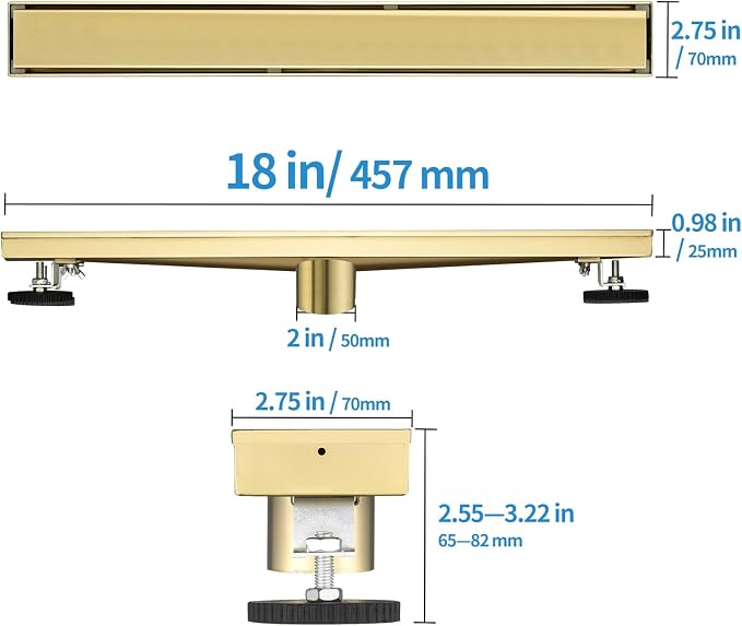 Linear Shower Drain ，with Tile Insert Panels ，18 Inch Brushed Gold 304 Stainless Steel Rectangle Shower Floor Drain，with Hair Catcher, Adjustable Feet