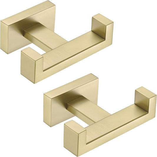 Angle Simple Double Towel Hook, SUS304 Stainless Steel Hand Towel Holder, Bathroom Robe Coat Hook for Wall, Brushed Gold, 2 Pack