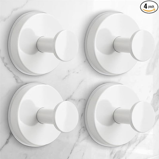 Large Suction Cup Hooks for Shower,Glass Window&Door,Mirror,Reusable Shower Hooks,No-Drill Removable Towel Hooks for Bathroom,4 Packs(Matte White)