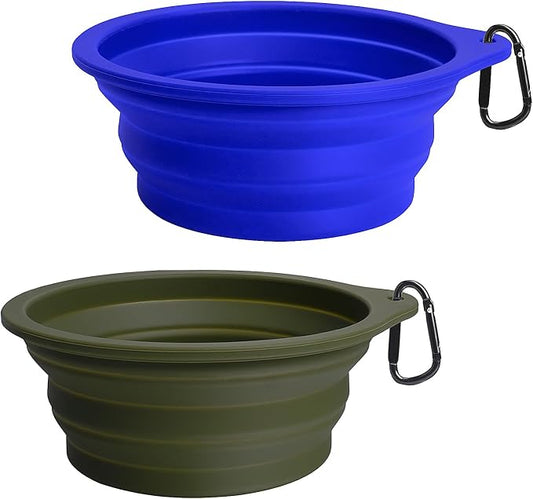 PetBonus 2-Pack Large Silicone Collapsible Dog Bowls, 34oz/1000ml BPA Free Portable Foldable Travel Bowl for Pet Cat, Food Water Feeding Dish for Camping with 2 Carabiners (Army Green, Blue) | 34 Oz, Silicone, Foldable Expandable Cat Feeding Cup Dish, ...