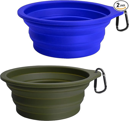 PetBonus 2-Pack Silicone Collapsible Dog Bowls, BPA Free Dishwasher Safe, Portable Foldable Expandable Travel Bowl, Food Water Feeding Cup Dish for Dogs Cats with 2 Carabiners (Army Green, Blue) | 20 Oz, Silicone, Foldable Expandable Cat Feeding Cup Di...