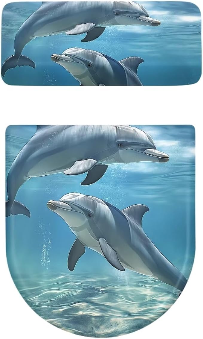 Sea Dolphin Toilet Seat Cover and Toilet Tank Cover Replacement Washable Soft Protective Decor Novelty Bathroom Accessory Set