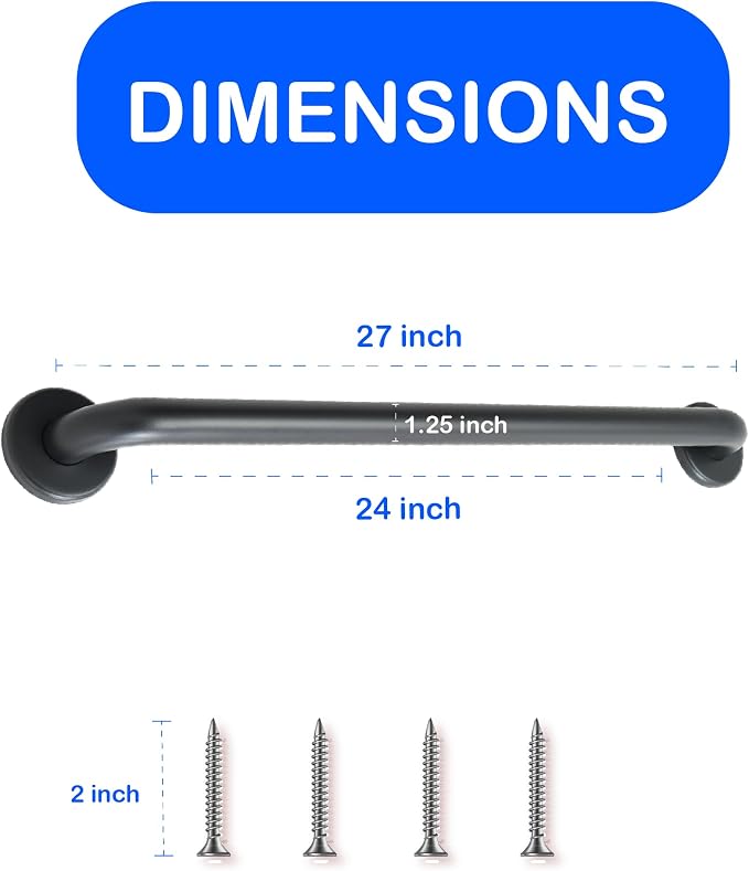 24” Shower Handle Shur Grip | 304 Stainless Steel Grab Bars for Bathtubs and Showers | Matte Black ADA Standard Hand Rails for Seniors, Children, Injured People | Supports Upto 400lbs