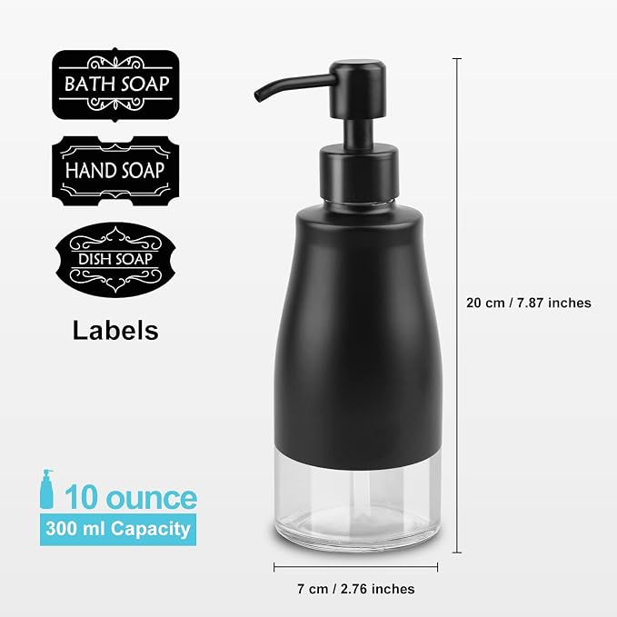 AUMIO Dish Soap Dispenser with Stickers, 2 Pack Kitchen Dish Refillable Liquid Dispensers, Stainless Steel Case Glass Liner Soap Dispenser for Bathroom Kitchen, Matte Black (10 OZ./ 300ML)