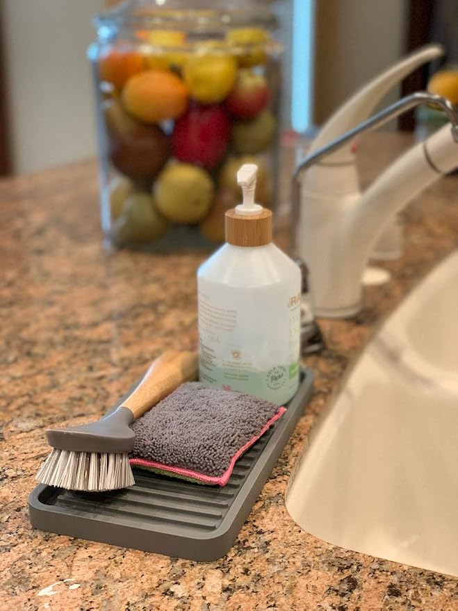 Silicone Sink and Surface Organizer Tray, Sponge Holder, Vanity Tray, Trivet, Heat Safe, Dishwasher Safe, for Bathroom and Kitchen Organization (Grey, 10"x5.25")