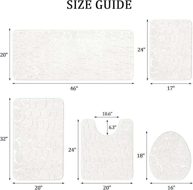 YIHOUSE Bathroom Rugs Mat Set, Memory Foam Bath Mat 5 Piece White | Non Slip, Water Absorbent, Washable, Bath Mat For Bathroom, Sink and Toilet