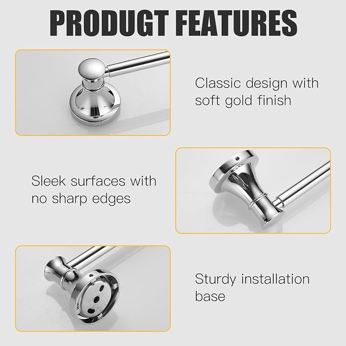 BESy Adjustable 16 to 26 Inch Bath Towel Bar Rack for Bathroom Towel Holder, Wall Mounted Towel Bar Rod Hanger Bathroom Hardware Accessories Hotel Style, Stainless Steel, Polished Chrome