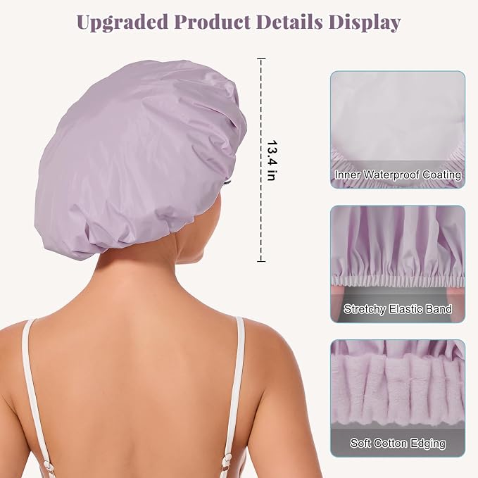 Shower Cap for Women Waterproof Reusable, Large Shower Cap Non-Slip with Elastic Band, Washable Bath Hair Hat for Long Hair, Braids (Purple)