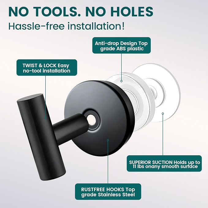 Suction Cup Hooks for Shower - Heavy Duty Matte Black Bathroom Hooks for Glass Door, 4 Pack No Drill & No Damage Waterproof Hooks for Tile, Rustproof for Towels & Door Wreaths