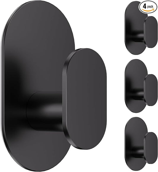 Aikzik Adhesive Towel Hooks - 4 Pack 26LB Extra Strong Heavy Duty Wall Hooks for Bathroom/Shower Door Hanging Coat, Robe, Towel, Dogs' Leads and Collars (Matte Black, Stainless Steel)
