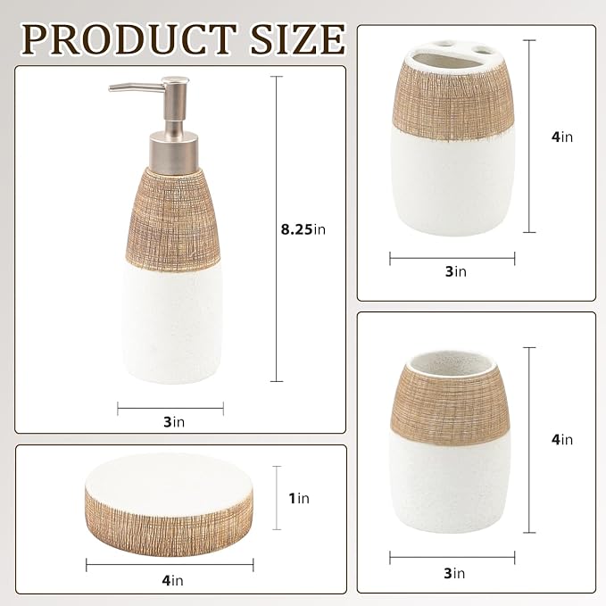 CERBIOR Bathroom Accessories Set,4 PCS Ceramic Bath Accessory,Brown White | Includes Toothbrush Holder, Toothbrush Cup, Soap Dish for Decorative Countertop and Housewarming Gift