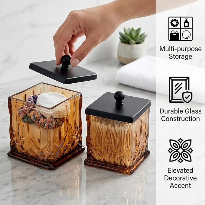 2 Pack Glass Qtip Holder Dispenser Set,Square Bathroom Apothecary Jars with Matte Black Lid for Cotton Swabs, Balls, Pads,Floss Picks, Vanity Storage Container for Makeup, Candy, Jewelry(15 Oz, Amber)