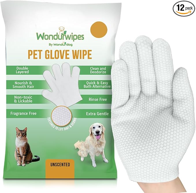 12pc. Premium Pet Glove Cleaning Wipes for Dogs & Cats | Textured, Deodorizing & Hypoallergenic Gloves with Aloe Vera & Shea Butter – Gentle, Skin-Safe Wipes for Fur, Face & Body, Odor Control