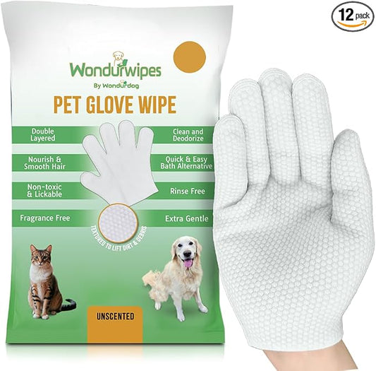 12pc. Premium Pet Glove Cleaning Wipes for Dogs & Cats | Textured, Deodorizing & Hypoallergenic Gloves with Aloe Vera & Shea Butter – Gentle, Skin-Safe Wipes for Fur, Face & Body, Odor Control