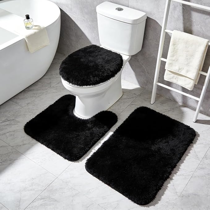 RUN HELIX Black Bathroom Rugs Sets 3 Piece Shaggy Bath Mat Non-Slip Mats Water Absorbent Bath Rug Floor Mats Soft Washable Shower Rug with U-Shaped Contour Rug Toilet Lid Cover Home Decor Accessories