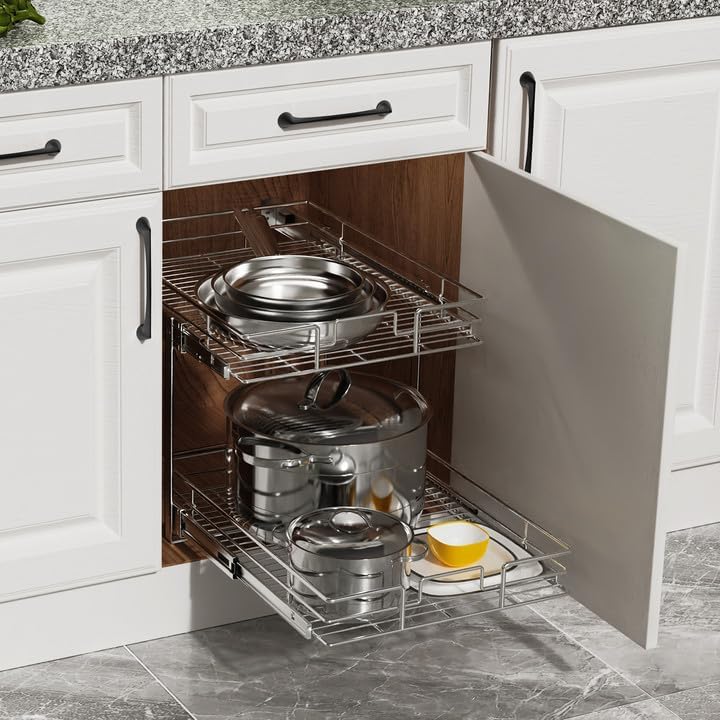ROOMTEC Pull Out Cabinet Organizer (16½"W x 21½"D),2 Tier Pull Out Storage Shelf Drawer Basket,Sliding Shelves for Base Cabinet Organization in Kitchen, Bathroom, Pantry