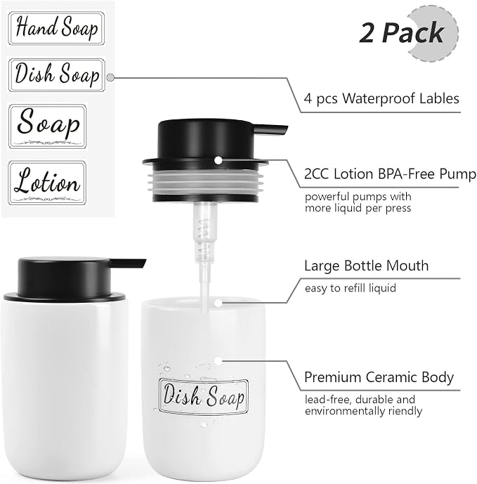 BosilunLife White Soap Dispenser Set - 2 Pack 12oz Ceramic Soap Dispenser | with Rust Proof Pump for Kitchen, Hand Soap and Lotion Set Suitable for Farmhouse Bathroom Decor with Waterproof Labels