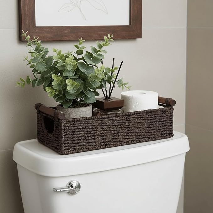 CubesLand Small Wicker Toilet Basket Tray Organizer W/Cut Out Handle, Handwoven Slim Decorative Basket for Countertop, Shelves And for Rustic Home Decor, Living Room, Nursery Organization, Brown