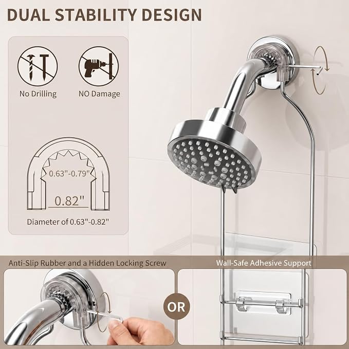 Adjustable Shower Caddy Hanging for Handheld Showerheads, Rustproof, Silver | Anti-Swing, Split Design, Shower Organizer with Hooks, Soap Holder and Toothbrush Holder, No-Drill Bathroom Storage