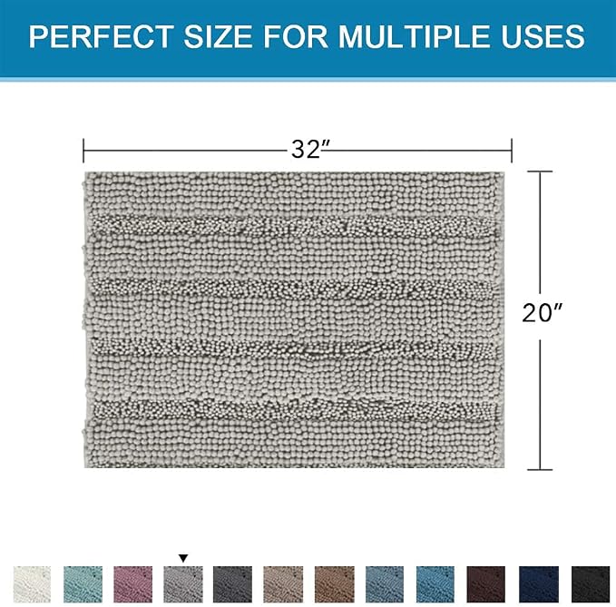 H.VERSAILTEX Bath Rugs for Bathroom Non Slip Bath Mats Extra Thick Chenille Striped Rug 20" x 32" Absorbent Non Skid Fluffy Soft Shaggy Washable Dry Fast Plush Mat for Indoor, Bath Room, Tub - Dove