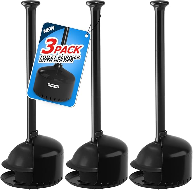 FORASTO 3 Packs Toilet Plunger with Holder for Bathroom Cleanup, Black | Bathroom Essentials for Apartment, Cleaning Supplies, Home Essentials, Bathroom Decor, Bathroom Accessories