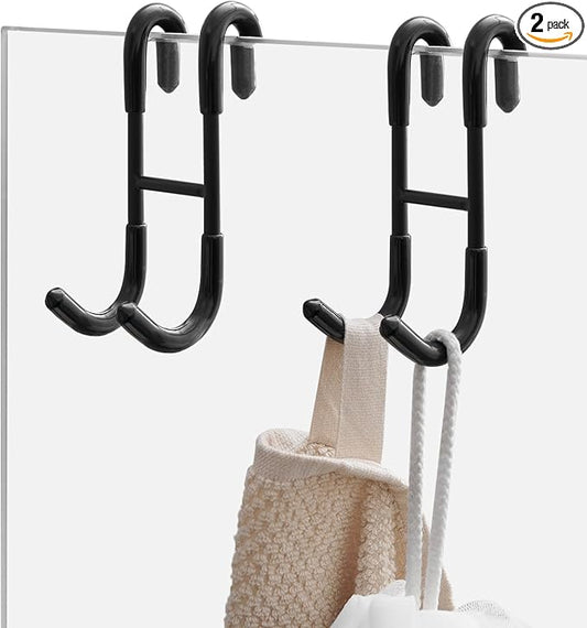 Homevacious 2 Pack Shower Door Hooks Towel Hooks for Bathroom Frameless Glass Shower Door SUS 304 Stainless Steel Drilling-Free Hanger Shower Hooks- Matte Black
