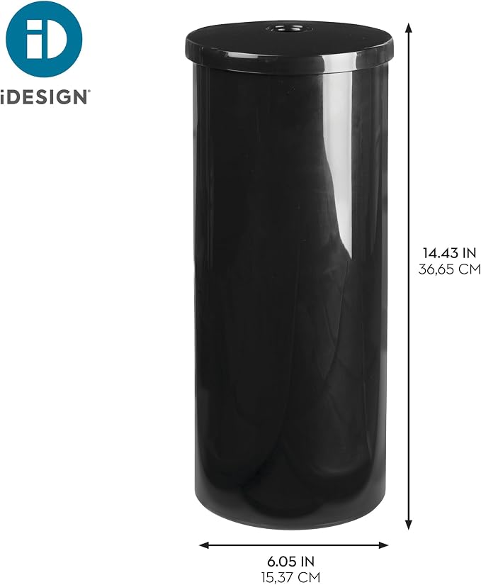 iDesign Freestanding Toilet Paper Canister with Lid, Black | For 3 Extra Rolls, Made in USA
