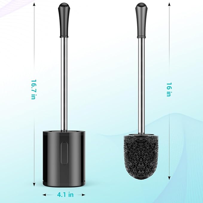 Compact Size Toilet Brush & Holder, 2 Pack, Stainless Steel Handle, Space Saving for Storage, Drip-Proof, Easy to Assemble, Black