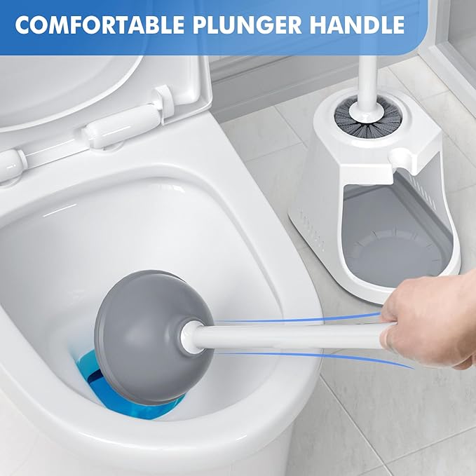 LOVLOY Toilet Plunger and Brush, Bowl Brush and Heavy Duty Toilet Plunger Set with Ventilated Holder, 2-in-1 Toilet Brush and Plunger Combo for Bathroom Cleaning (2, White)