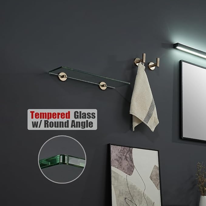 JQK Bathroom Glass Shelf, Floating Tempered Glass Shower Storage 16 by 5 inches, 304 Stainless Steel Champagne Bronze Wall Mount, TGS101L16-CB