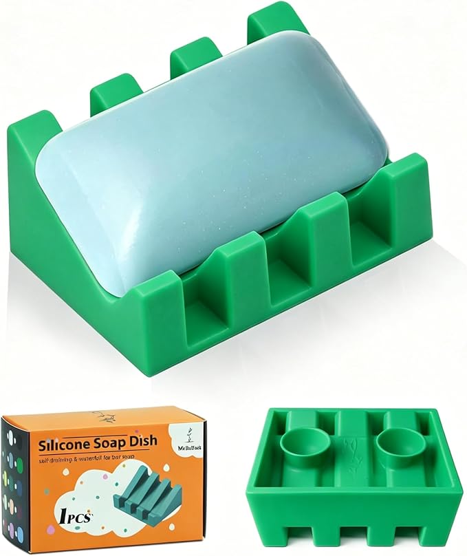 Silicone Soap Dish Self Draining with Suction Cups (Green,1 Pack) | Waterfall drainage design drains fast to keep soap dry silicone soap saver with reusable suction cups for bathroom & kitchen