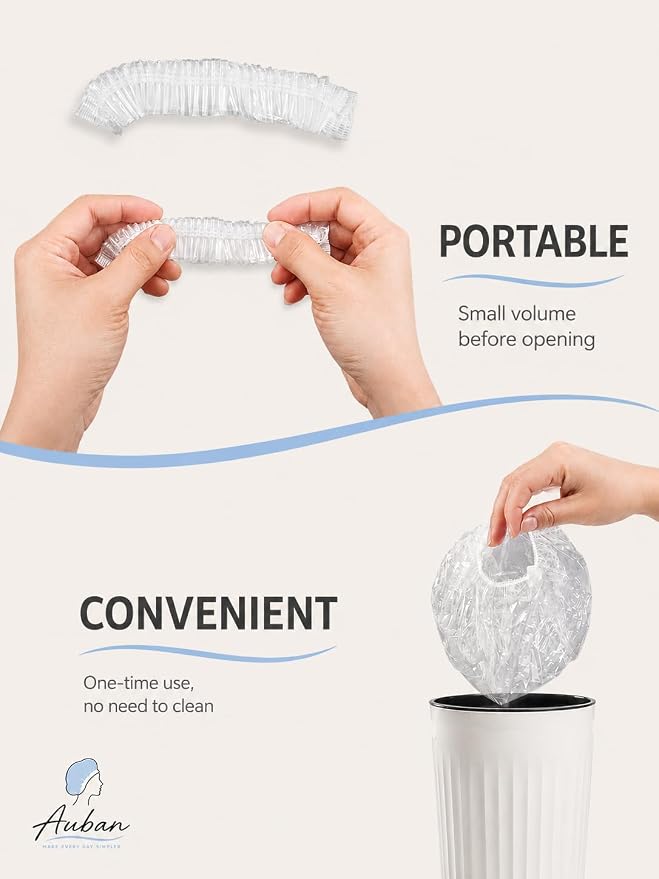 Auban 100PCS Disposable Shower Caps, Plastic Clear Hair Cap Large Thick Waterproof Bath Caps for Women, Hotel Travel Essentials Accessories Deep Conditioning Hair Care Cleaning Supplies(20.5")